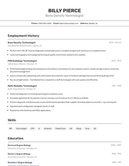 Bone Density Technologist Resume
