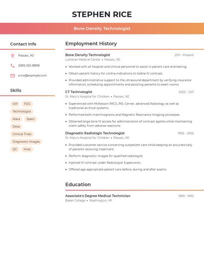 Bone Density Technologist Resume