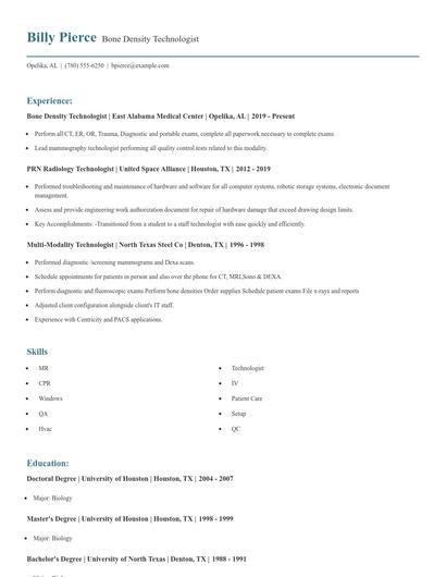 Bone Density Technologist Resume