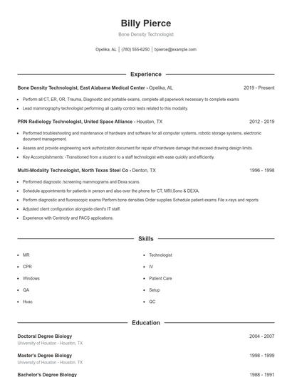 Bone Density Technologist Resume