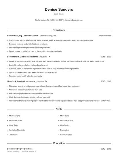 Book Binder Resume
