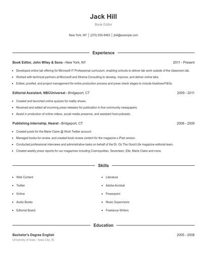 Book Editor Resume