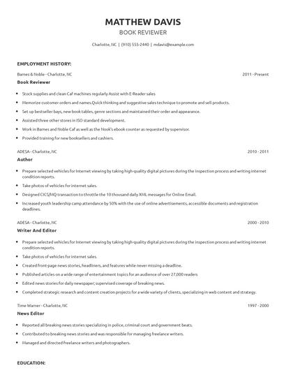 Book Reviewer Resume