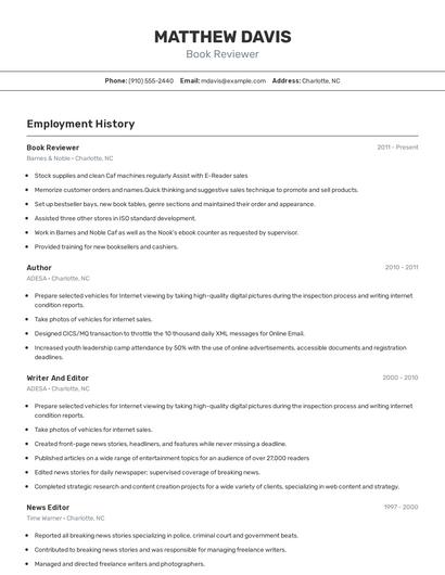Book Reviewer Resume