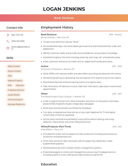 Book Reviewer Resume