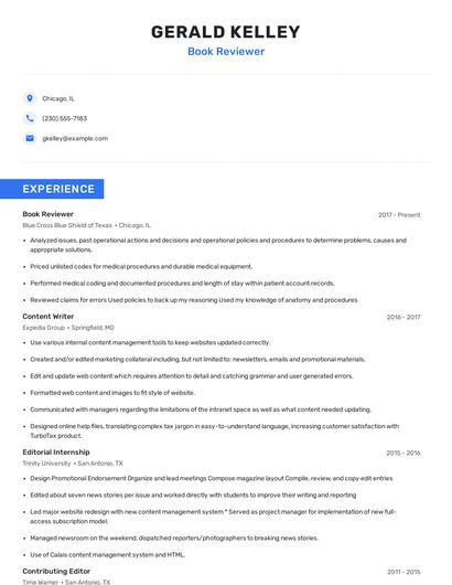 Book Reviewer Resume