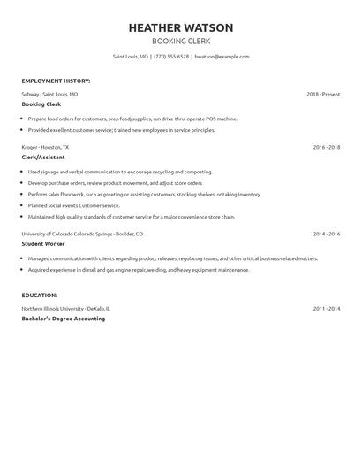 Booking Clerk Resume