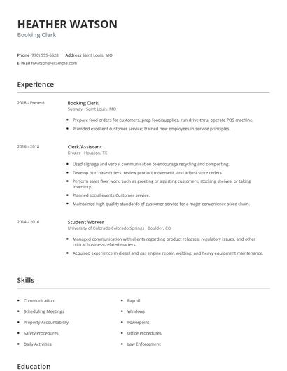 Booking Clerk Resume