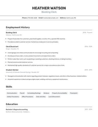 Booking Clerk Resume