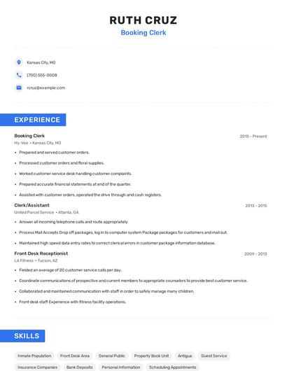 Booking Clerk Resume
