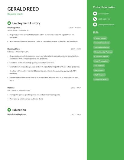 Booking Clerk Resume