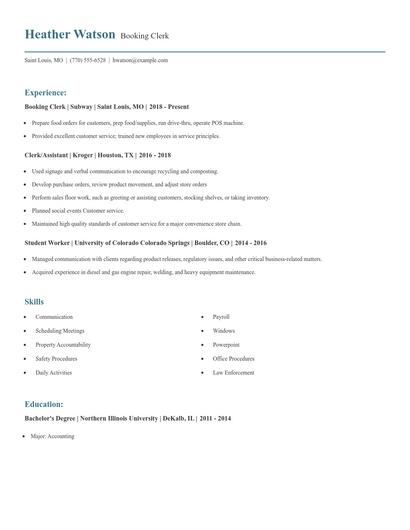 Booking Clerk Resume