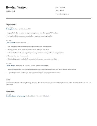 Booking Clerk Resume