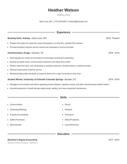 Booking Clerk Resume
