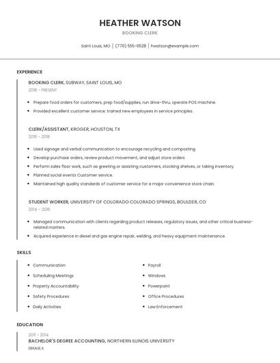 Booking Clerk Resume