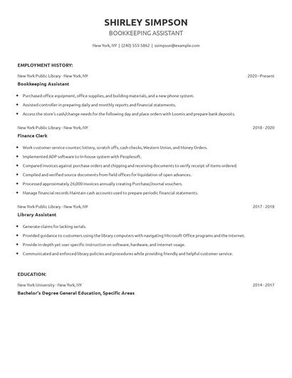 Bookkeeping Assistant Resume
