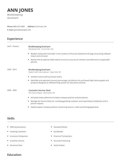 Bookkeeping Assistant Resume