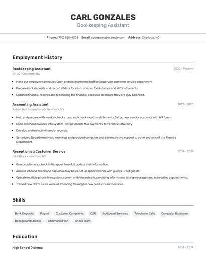 Bookkeeping Assistant Resume