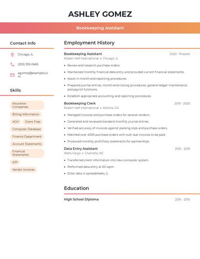 Bookkeeping Assistant Resume