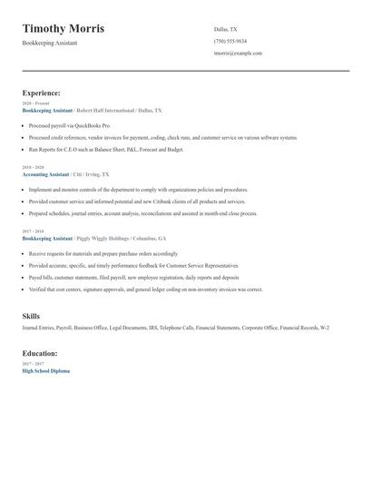 Bookkeeping Assistant Resume