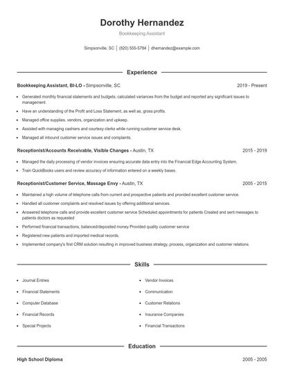 Bookkeeping Assistant Resume