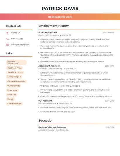 Bookkeeping Clerk Resume