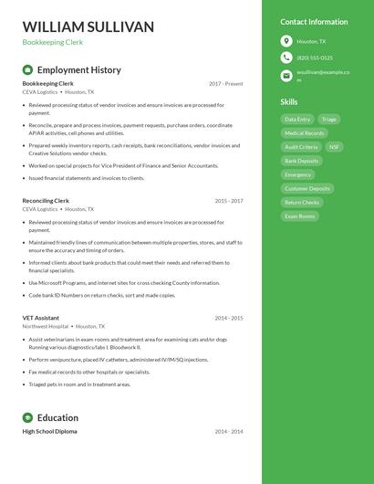 Bookkeeping Clerk Resume