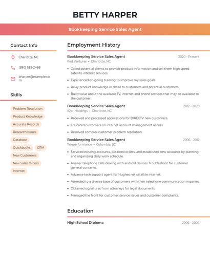 Bookkeeping Service Sales Agent Resume