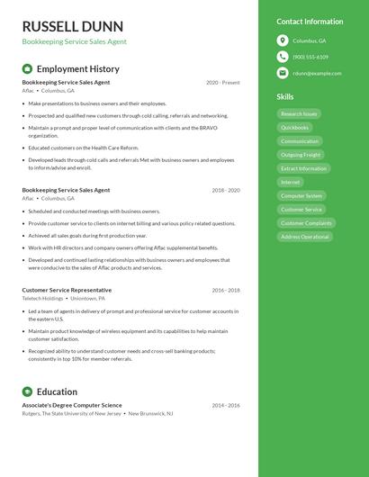 Bookkeeping Service Sales Agent Resume