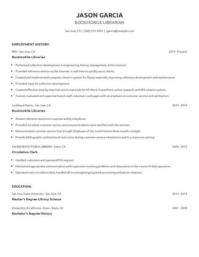 Bookmobile Librarian Resume