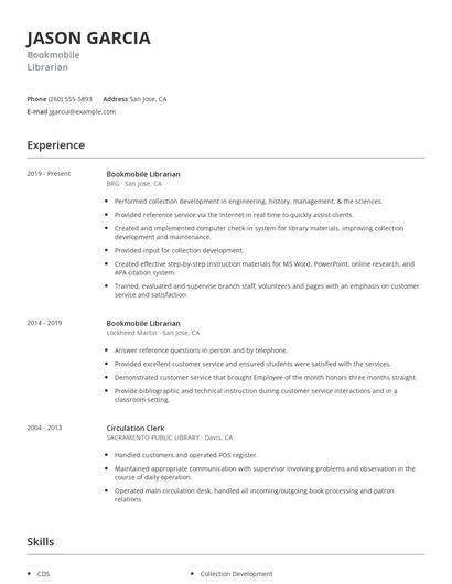 Bookmobile Librarian Resume