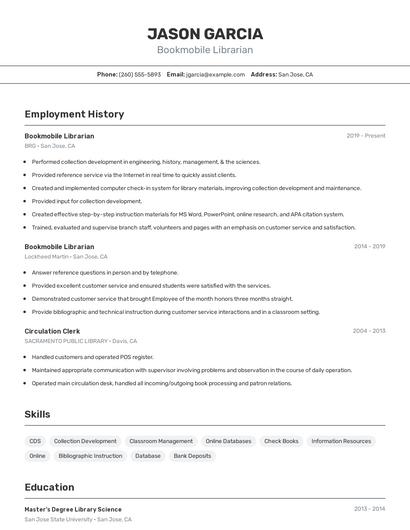 Bookmobile Librarian Resume
