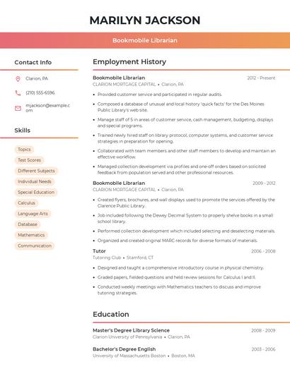 Bookmobile Librarian Resume
