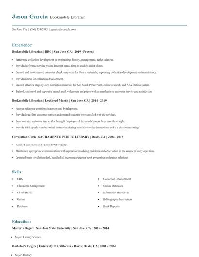 Bookmobile Librarian Resume