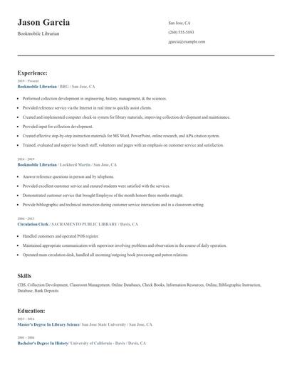 Bookmobile Librarian Resume