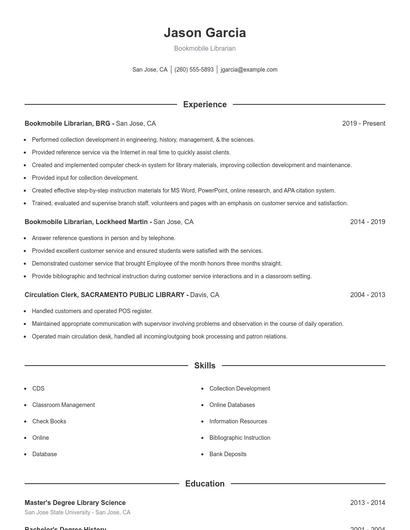 Bookmobile Librarian Resume