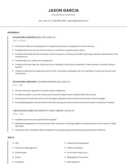 Bookmobile Librarian Resume