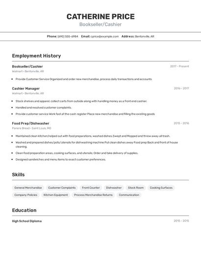 Bookseller/Cashier Resume