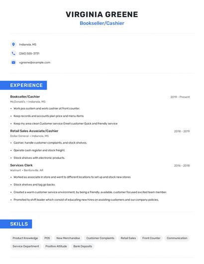 Bookseller/Cashier Resume