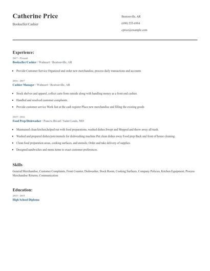 Bookseller/Cashier Resume