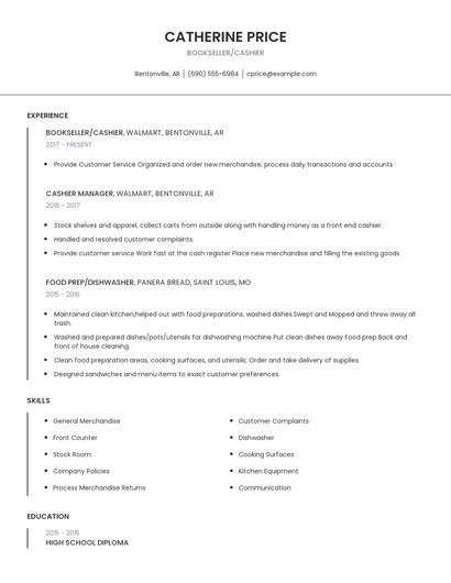 Bookseller/Cashier Resume