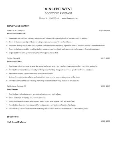 Bookstore Assistant Resume