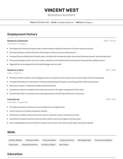 Bookstore Assistant Resume