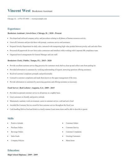 Bookstore Assistant Resume