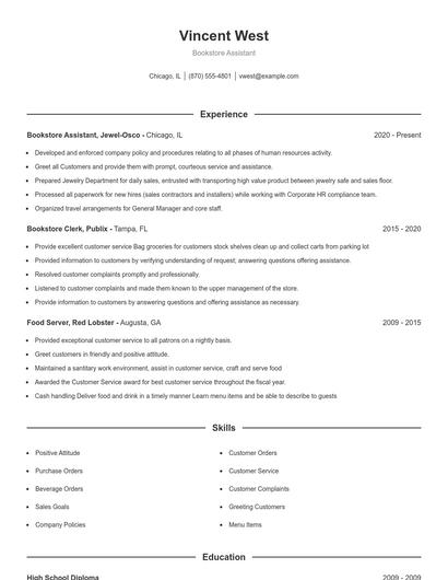 Bookstore Assistant Resume