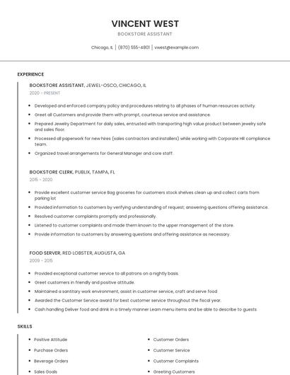 Bookstore Assistant Resume