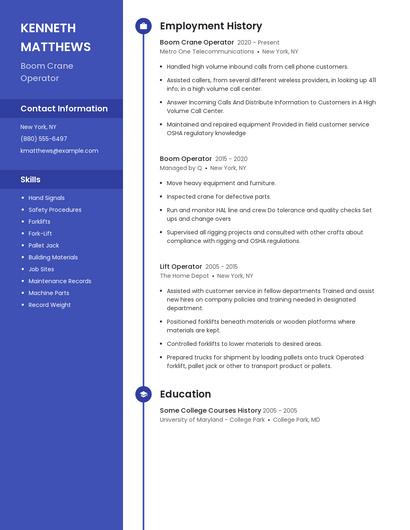 Boom Crane Operator Resume