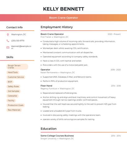 Boom Crane Operator Resume