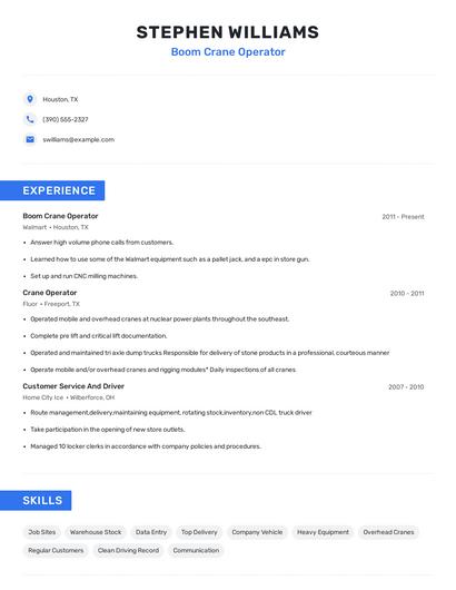 Boom Crane Operator Resume