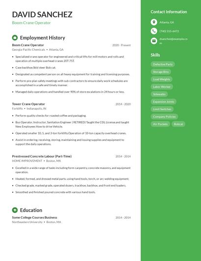Boom Crane Operator Resume